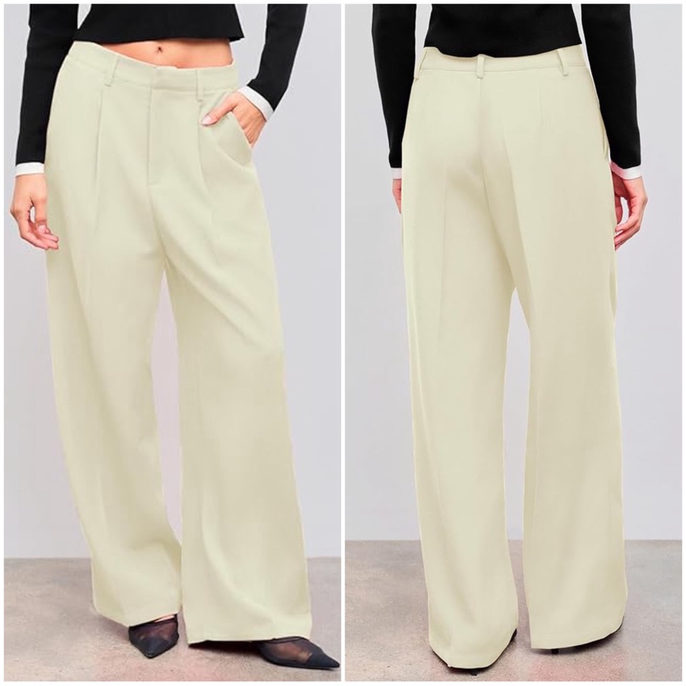 CIDER Women’s Size L Beige High Waist Pleated Wide Leg Pants Trousers‎ Career
